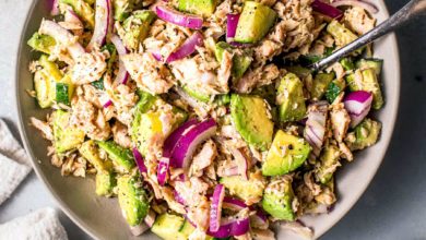 Fresh avocado tuna salad served in a bowl