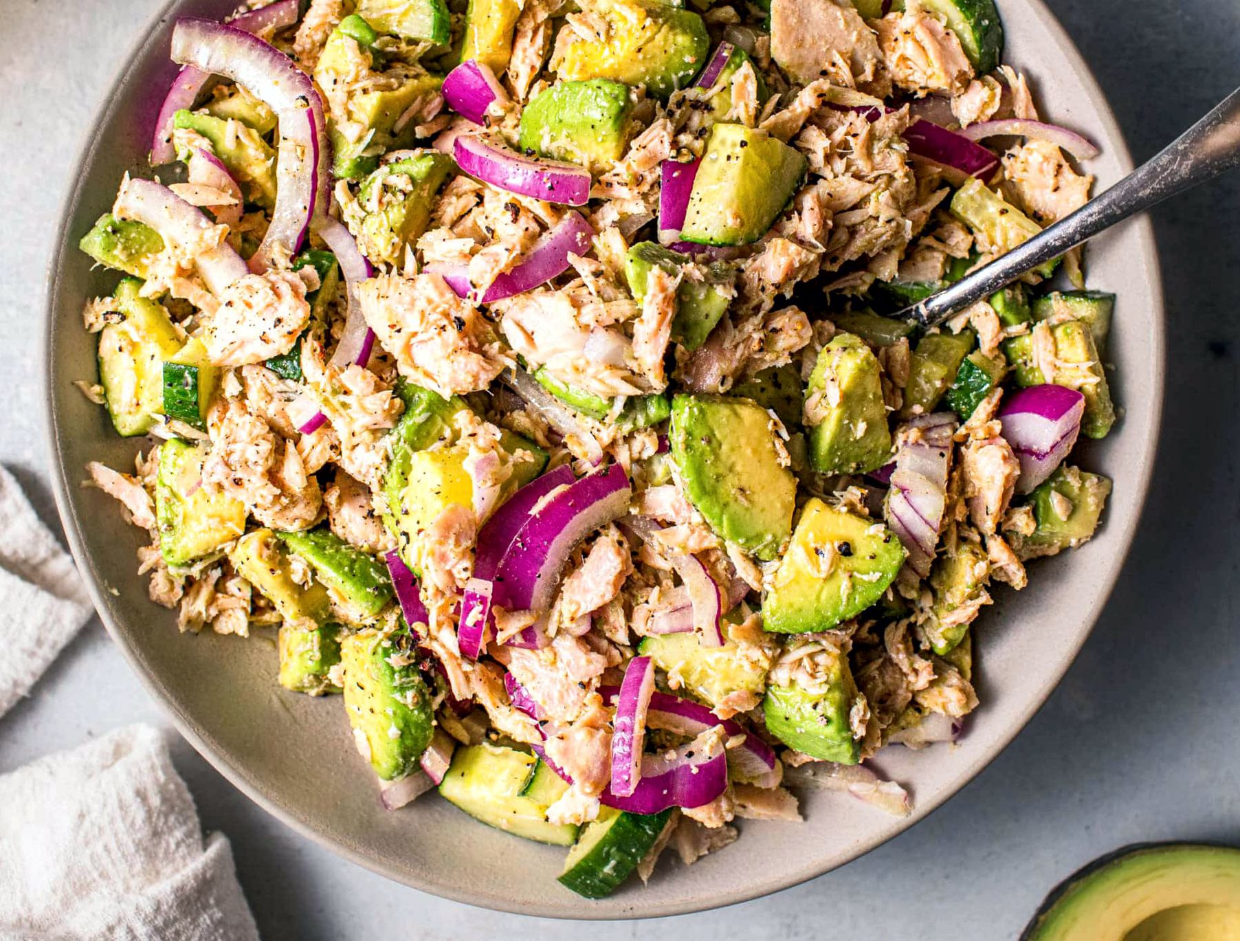Fresh avocado tuna salad served in a bowl