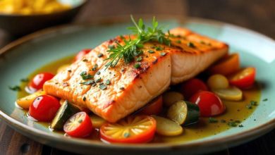 Oven-baked salmon with roasted vegetables
