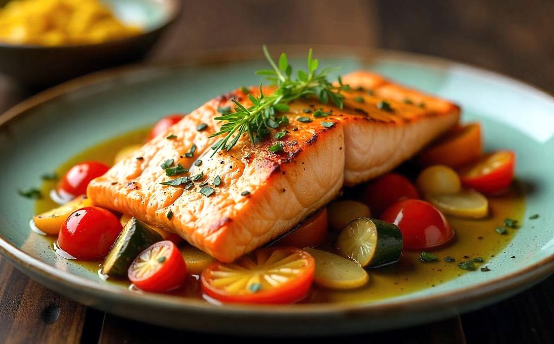Oven-baked salmon with roasted vegetables
