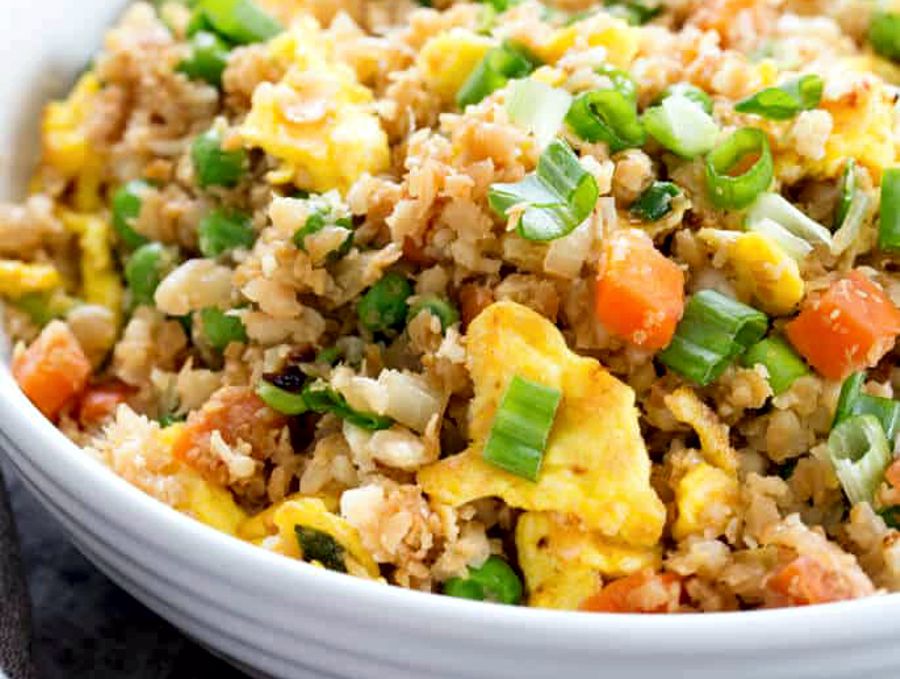 Low-carb cauliflower fried rice in a bowl