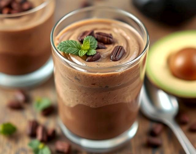 Creamy healthy chocolate avocado mousse in glass