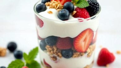 Healthy Greek yogurt parfait with berries and granola