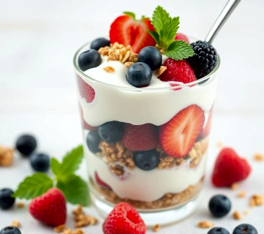 Healthy Greek yogurt parfait with berries and granola