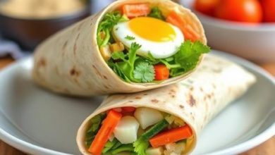 Quick and healthy breakfast burrito with eggs and veggies