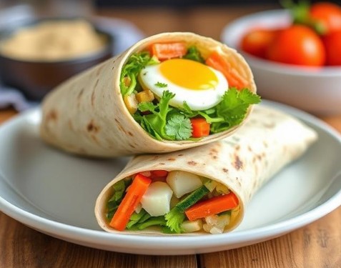 Quick and healthy breakfast burrito with eggs and veggies