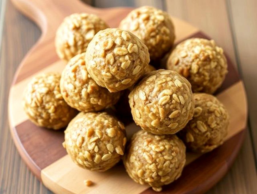 Peanut butter oat energy balls on a wooden board