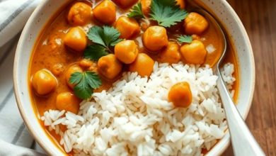 Creamy vegan chickpea curry in a bowl with rice