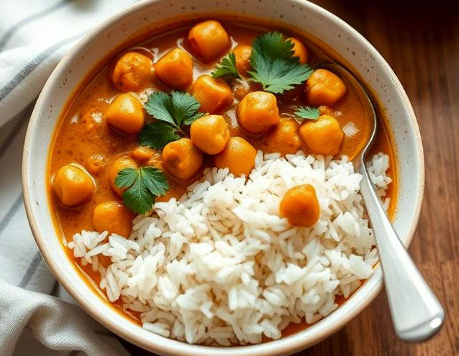 Creamy vegan chickpea curry in a bowl with rice