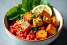 Vegan protein bowl with quinoa, tofu, and veggies