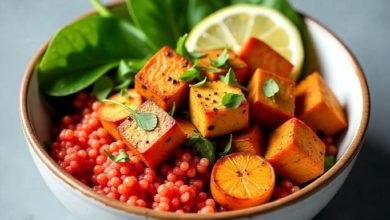 Vegan protein bowl with quinoa, tofu, and veggies