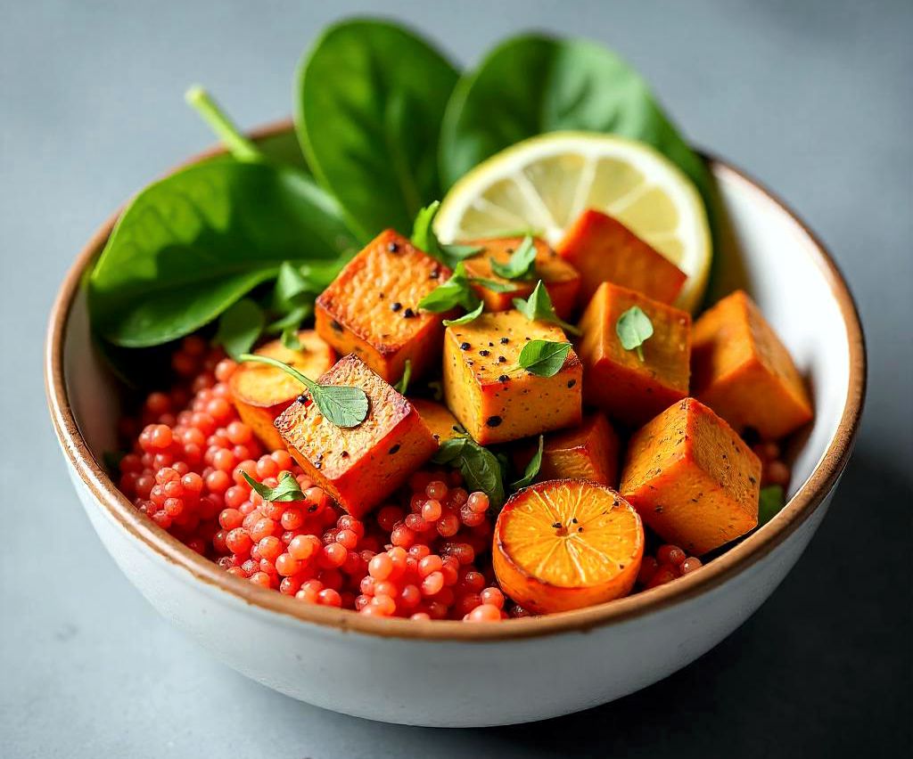 Vegan protein bowl with quinoa, tofu, and veggies