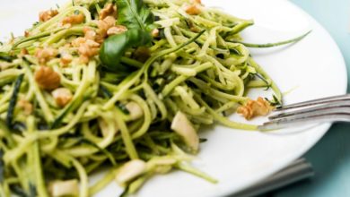 Zucchini noodles with homemade pesto and cherry tomatoes