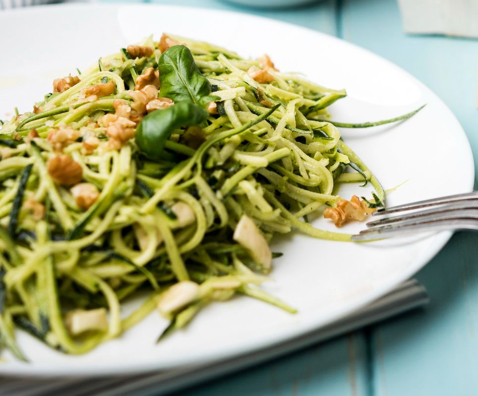 Zucchini noodles with homemade pesto and cherry tomatoes